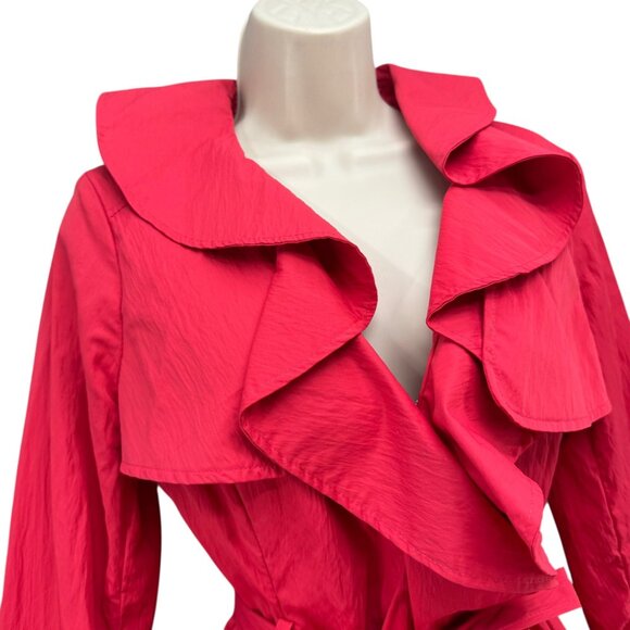 Etcetera Belted Ruffle Jacket Womens Coral Red Pink Trench Coat Size 4 - Picture 2 of 16